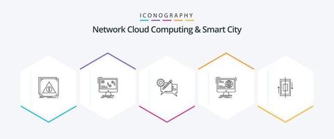 red nube informática y inteligente ciudad 25 línea icono paquete incluso contenido. mensaje. datos. ajuste. comunicación vector