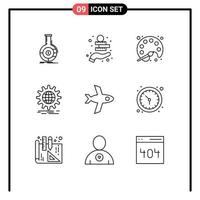 Universal Icon Symbols Group of 9 Modern Outlines of gear globe asset business learning Editable Vector Design Elements