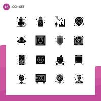 Group of 16 Solid Glyphs Signs and Symbols for hat map chart water place person Editable Vector Design Elements