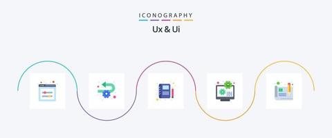 Ux And Ui Flat 5 Icon Pack Including wireframe. prototype. portfolio. development. setting vector
