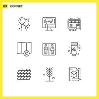 Pack of 9 Modern Outlines Signs and Symbols for Web Print Media such as hotel elevator buy down map Editable Vector Design Elements