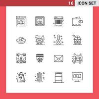 Modern Set of 16 Outlines Pictograph of wallet interface computer finance system Editable Vector Design Elements