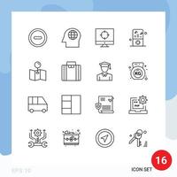 Group of 16 Outlines Signs and Symbols for business pin target map music player Editable Vector Design Elements