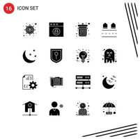 Modern Set of 16 Solid Glyphs and symbols such as moon half dustbin residences housing Editable Vector Design Elements