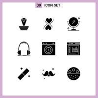 Group of 9 Modern Solid Glyphs Set for page browser cleaning studio headphones Editable Vector Design Elements