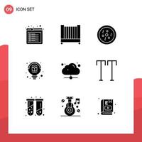 Pack of 9 Modern Solid Glyphs Signs and Symbols for Web Print Media such as online technology dish cloud design Editable Vector Design Elements