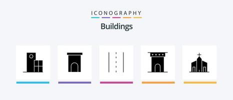 Buildings Glyph 5 Icon Pack Including column. arch. property. road. lines. Creative Icons Design vector