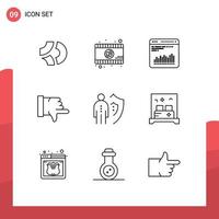 Mobile Interface Outline Set of 9 Pictograms of person job analytics insurance thumbs down Editable Vector Design Elements