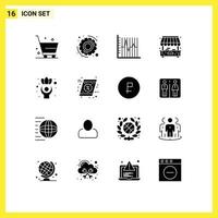 sólido glifo paquete de dieciséis universal símbolos de bien ejercicio reporte tienda ciudad editable vector diseño elementos