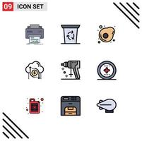 Mobile Interface Filledline Flat Color Set of 9 Pictograms of perforator money breakfast arrow data Editable Vector Design Elements