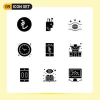 Editable Vector Line Pack of 9 Simple Solid Glyphs of communications watch champion time clock Editable Vector Design Elements