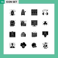 Pack of 16 Modern Solid Glyphs Signs and Symbols for Web Print Media such as ready document sound support headset Editable Vector Design Elements