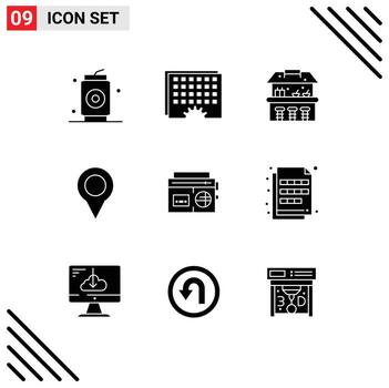 Pictogram Set of 9 Simple Solid Glyphs of radio pin timing marker location Editable Vector Design Elements