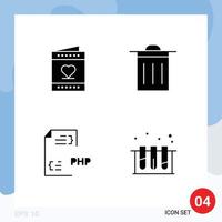 Set of 4 Vector Solid Glyphs on Grid for love develop valentine trash document Editable Vector Design Elements