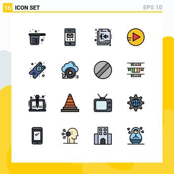 Flat Color Filled Line Pack of 16 Universal Symbols of travel ticket message play file Editable Creative Vector Design Elements