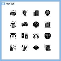 Modern Set of 16 Solid Glyphs Pictograph of rostrum podium building location globe Editable Vector Design Elements