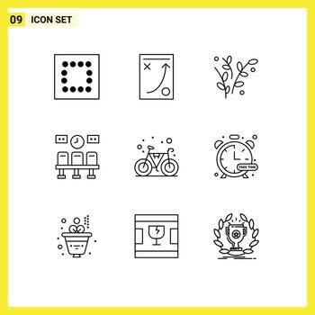 Mobile Interface Outline Set of 9 Pictograms of cycle bicycle nature clock train Editable Vector Design Elements