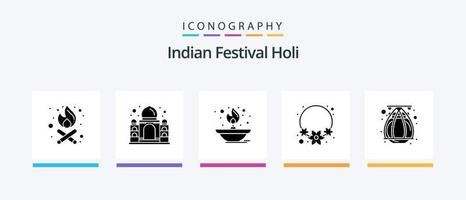 Holi Glyph 5 Icon Pack Including terracotta. india. fire. india. flower. Creative Icons Design vector