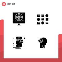 Pack of 4 Modern Solid Glyphs Signs and Symbols for Web Print Media such as charity mobile medical system smartphone Editable Vector Design Elements