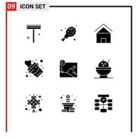 Mobile Interface Solid Glyph Set of 9 Pictograms of business tool cottage villa firefighter bucket Editable Vector Design Elements