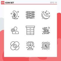 Modern Set of 9 Outlines Pictograph of personal gear database efficiency moon Editable Vector Design Elements