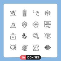 Universal Icon Symbols Group of 16 Modern Outlines of zoom microsope fingers lab gear Editable Vector Design Elements