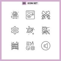 Stock Vector Icon Pack of 9 Line Signs and Symbols for space astrology flashlight cogs gear Editable Vector Design Elements