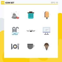 Set of 9 Modern UI Icons Symbols Signs for moustache water dustbin swimming pool ice cream Editable Vector Design Elements