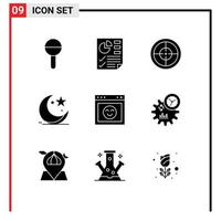 Set of 9 Modern UI Icons Symbols Signs for emotion muslims army celebration moon Editable Vector Design Elements