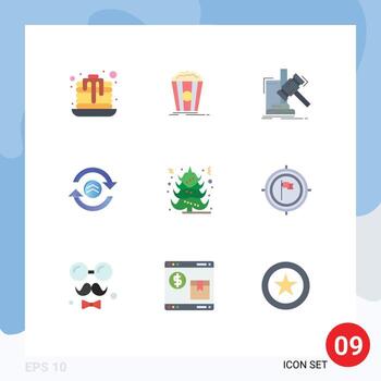 Pack of 9 creative Flat Colors of tree computing gavel reload arrow Editable Vector Design Elements