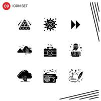 User Interface Pack of 9 Basic Solid Glyphs of camera nature control fast hill mountain Editable Vector Design Elements