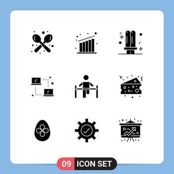 9 Thematic Vector Solid Glyphs and Editable Symbols of exercise networking bulb laptop light Editable Vector Design Elements