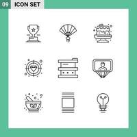 Pack of 9 Modern Outlines Signs and Symbols for Web Print Media such as chemistry biochemistry food target finance Editable Vector Design Elements