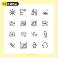 Mobile Interface Outline Set of 16 Pictograms of arrow river inefficient kayak boat Editable Vector Design Elements