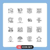 Modern Set of 16 Outlines Pictograph of time alarm location lotus jag Editable Vector Design Elements