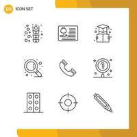 Pack of 9 Modern Outlines Signs and Symbols for Web Print Media such as phone call book zoom find Editable Vector Design Elements