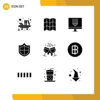 Group of 9 Solid Glyphs Signs and Symbols for champagne security coding firewall programing Editable Vector Design Elements