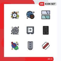 9 Thematic Vector Filledline Flat Colors and Editable Symbols of lock camera shutter world camera lens layout Editable Vector Design Elements