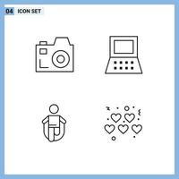 Line Pack of 4 Universal Symbols of camera rope laptop activity hearts Editable Vector Design Elements