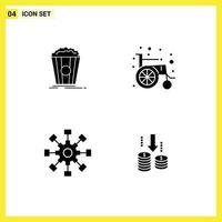 Mobile Interface Solid Glyph Set of 4 Pictograms of popcorn collaboration snack wheel chair teamwork Editable Vector Design Elements