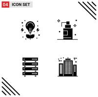 Set of 4 Vector Solid Glyphs on Grid for bulb server nature room web Editable Vector Design Elements