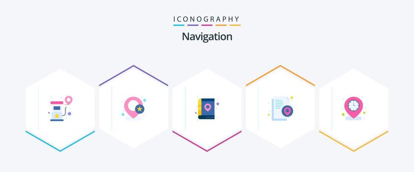 Navigation 25 Flat icon pack including location pin. location. library. clock. location vector