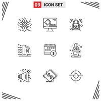 Group of 9 Modern Outlines Set for banking industry heart factory building Editable Vector Design Elements