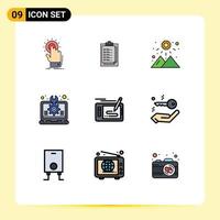 Pictogram Set of 9 Simple Filledline Flat Colors of laptop idea presentation design mountain Editable Vector Design Elements