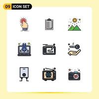 Pictogram Set of 9 Simple Filledline Flat Colors of laptop idea presentation design mountain Editable Vector Design Elements