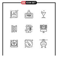 Pack of 9 Modern Outlines Signs and Symbols for Web Print Media such as finance business glass education pencil Editable Vector Design Elements