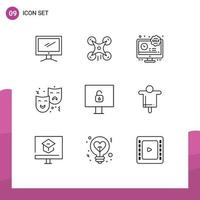 Group of 9 Outlines Signs and Symbols for drama expression image face discount Editable Vector Design Elements