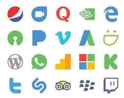 20 social medios de comunicación icono paquete incluso pedal de arranque google analítica vimeo whatsapp wordpress vector