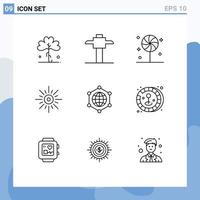 Modern Set of 9 Outlines Pictograph of globe weather candy brightness light Editable Vector Design Elements