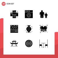 Mobile Interface Solid Glyph Set of 9 Pictograms of hearts beach father strawberry train Editable Vector Design Elements